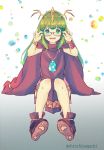  absurdres adjusting_eyewear bracelet chiki cloak commentary_request fire_emblem fire_emblem:_monshou_no_nazo fire_emblem_heroes full_body glasses green_eyes green_hair highres hood hood_down jewelry long_hair mamkute nishimura_(nianiamu) open_mouth pointy_ears simple_background sitting solo stone tiara twitter_username 