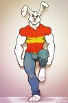  2018 4_toes anthro bandage barefoot belt biceps black_nose blue_eyes clothing jeans kihu lagomorph long_ears looking_at_viewer male mammal muscular muscular_male pants rabbit rocco_rabbit shirt solo toes 