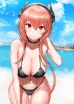  1girl absurdres bangs bare_shoulders beach bikini black_bikini blue_sky blurry blurry_background blush breasts city cleavage closed_mouth cloud collarbone day eyebrows_visible_through_hair girls_frontline gluteal_fold greem_bang groin hair_between_eyes halter_top halterneck hand_on_own_head headgear highres large_breasts leaning_forward long_hair looking_at_viewer m4_sopmod_ii_(girls_frontline) multicolored_hair navel ocean outdoors pink_hair red_eyes red_hair sand sidelocks sky smile solo stomach streaked_hair sweat swimsuit 