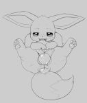  2018 ambiguous_fluids anal anal_beads anal_penetration animal_genitalia animal_penis balls eevee feral front_view grey_background greyscale half-closed_eyes hi_res male monochrome nintendo open_mouth pawpads paws penetration penis pok&eacute;mon pok&eacute;mon_(species) sex_toy simple_background slimefur solo spread_legs spreading tapering_penis video_games 