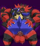  2018 a-side anal anal_penetration anthro anthro_on_anthro anus balls big_balls big_butt black_fur blue_eyes blue_fur butt cum cum_in_ass cum_inside duo fangs fur huge_butt incineroar lucario male male/male nintendo nude penetration penis pok&eacute;mon pok&eacute;mon_(species) purple_background red_eyes red_fur sex simple_background stand_and_carry_position standing teeth video_games yellow_fur yellow_sclera 