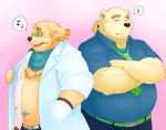  2018 anthro bear belly blush canine clothed clothing cusith dog duo eyewear fur glasses humanoid_hands kumaura721 male mammal necktie open_shirt overweight overweight_male pants polar_bear rave_(housamo) shirt simple_background smoking tokyo_afterschool_summoners yellow_fur 