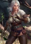  arm_strap artist_name belt bra ciri corset facing_viewer forest gloves green_eyes leather leather_pants lips looking_to_the_side nature outdoors pants parted_lips scar shirt short_hair silver_hair solo sword teeth the_witcher the_witcher_3 tight tight_pants underwear weapon white_belt wind zumi_(zumidraws) 