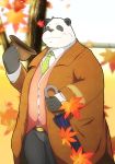  2018 anthro autumn bear blush clothing coumarin_exc eyes_closed hat humanoid_hands male mammal necktie overweight overweight_male panda pants shirt solo 