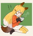  animal_ears beige_background blazer blonde_hair border bow brown_gloves dot_nose expressionless ezo_red_fox_(kemono_friends) food fox_ears fox_girl fox_tail from_side full_body fur-trimmed_sleeves fur_trim gloves gradient_hair gradient_legwear hair_between_eyes hands_up holding holding_food jacket kemono_friends l_hakase loafers long_hair long_sleeves looking_down multicolored multicolored_clothes multicolored_hair multicolored_legwear orange_hair orange_jacket outside_border pantyhose pleated_skirt scarf shoes sitting skirt solo steam tail translation_request tsurime wariza white_bow white_hair white_legwear white_skirt yellow_legwear yellow_neckwear 