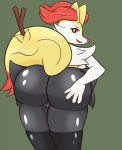  2018 bent_over braixen bubble_butt butt canine clothing female gemhunter hand_on_butt legwear looking_at_viewer looking_back mammal nintendo pok&eacute;mon pok&eacute;mon_(species) presenting presenting_hindquarters pussy raised_tail shiny_body solo squeezing stick stockings video_games 