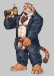  2018 4_toes 5_fingers abs adios anthro azaghal_(character) balls barefoot beard beige_penis blue_bottomwear blue_eyes blue_topwear body_hair brown_markings brown_tail chest_hair chest_tuft claws clothed clothing eyebrows facial_hair facial_scar feline flaccid front_view hand_on_penis hi_res holding_object humanoid_hands humanoid_penis long_tail male mammal markings multicolored_tail muscular muscular_male navel open_shirt orange_tail partially_retracted_foreskin pawpads pecs penis pink_nose pink_pawpads pubes scar simple_background solo standing striped_tail stripes tan_balls tiger toe_claws toes tools tuft uncut vein veiny_penis white_claws 