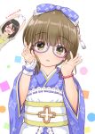  adjusting_eyewear animal_print bangs bead_bracelet beads bird_print black_hair blue-framed_eyewear blue_bow blue_kimono blush bow bracelet brown_eyes brown_hair closed_eyes commentary_request eyebrows_visible_through_hair glasses hair_bow idolmaster idolmaster_cinderella_girls japanese_clothes jewelry kaishinshi kamijou_haruna kimono long_hair looking_at_viewer multiple_girls obi open_mouth parted_lips sash short_hair smile solo_focus tassel very_long_hair white_background wide_sleeves wrist_cuffs yorita_yoshino 