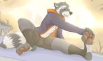  2017 4_toes 5_fingers absurd_res anthro autumn barefoot bulge butt claws clothed clothing cute digital_media_(artwork) feet fur grey_fur hair hi_res krazykurt male mammal open_mouth outside pawpads paws procyonid raccoon resting shiny smile soft solo stretching thick_thighs tight_clothing toes yellow_eyes 