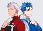 archer bberry blue_hair clenched_teeth closed_mouth earrings fate/stay_night fate_(series) frown glaring grey_background grey_eyes grey_hair jewelry lancer long_hair looking_at_viewer male_focus multiple_boys pointing ponytail red_eyes scowl simple_background teeth upper_body 