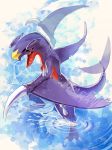  black_sclera blue_background claws dragon full_body garchomp gen_4_pokemon highres looking_at_viewer motion_blur nagakura_(seven_walkers) no_humans open_mouth pokemon pokemon_(creature) sharp_teeth solo spikes standing teeth wading water yellow_eyes 