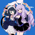  :d animal_ear_fluff animal_ears bangs bell belt blue_background blue_hair breasts bunny_ears bunny_tail cat_ears cat_girl cat_tail chuchu_(show_by_rock!!) cleavage cowboy_shot cross-laced_clothes curly_hair cyan_(show_by_rock!!) dated dot_nose dress drill_hair fang flower frills gothic_lolita green_eyes hand_up jingle_bell l_hakase large_breasts lavender_hair lolita_fashion long_hair long_sleeves looking_at_viewer maid_headdress multiple_girls open_mouth purple_eyes ringlets short_hair show_by_rock!! signature smile tail tareme tsurime upper_teeth very_long_hair waving 