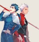  :d archer bberry blue_bodysuit blue_hair bodysuit cowboy_shot earrings expressionless fate/stay_night fate_(series) gae_bolg grey_eyes hand_on_hip holding holding_spear holding_weapon jewelry lancer long_hair looking_at_viewer male_focus multiple_boys open_mouth pauldrons polearm ponytail red_eyes sepia_background simple_background smile spear weapon white_hair 