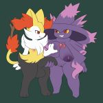  2018 anthro balls big_breasts braixen breast_grab breasts canine duo female foreskin front_view fur grin hand_on_breast hi_res humanoid_penis male male/female mammal mismagius nintendo nipples penis penis_grab pok&eacute;mon pok&eacute;mon_(species) pussy red_eyes short_stack simple_background slightly_chubby slimefur smile spirit video_games yellow_sclera 