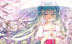  alternate_costume aqua_hair bangs blue_eyes blush casual cherry_blossoms closed_mouth collarbone commentary_request corset day floating_hair flower frilled_sleeves frills hair_ribbon hatsune_miku holding holding_umbrella kinokohime long_hair looking_at_viewer melt_(vocaloid) outdoors petals pink_flower pink_lips pink_ribbon ribbon shiny shiny_hair shirt short_sleeves smile solo sunlight transparent transparent_umbrella tree twintails umbrella upper_body very_long_hair vocaloid white_shirt wind 