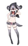  animal_ears bare_arms capelet full_body gradient_hair grey_hair grey_legwear grin hair_between_eyes hand_on_hip hood hooded_capelet hooded_seal_(kemono_friends) ise_(0425) kemono_friends multicolored_hair navel red_eyes simple_background smile solo standing stomach tail thigh_strap thighhighs v-shaped_eyebrows white_background white_hair 