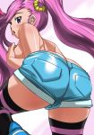  1girl ass back bandai bare_back blue_eyes blush butt_crack curvy digimon digimon_universe:_appli_monsters female highres hikawadou hips huge_ass karan_eri legs long_hair looking_at_viewer looking_back no_bra open_mouth pink_hair shiny shiny_skin short_shorts shorts solo thick_thighs thighs twintails wide_hips 