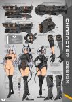  animal_ears armored_boots armored_leotard ass bangs black_gloves black_legwear boots bra cat_ears cat_tail character_sheet commentary concept_art covered_navel detail english english_commentary full_body gauntlets gloves headgear high_heels highres homeworld homeworld_2 horns huge_weapon long_hair looking_at_viewer mechanical_ears mechanical_parts multiple_views navel orange_eyes personification space_craft standing tail thighhighs turnaround underwear underwear_only variations very_long_hair weapon white_hair xandier59 