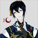  black_gloves blue_eyes blue_hair chopsticks eyelashes gloves hairband head_tilt high_contrast highres holding holding_chopsticks japanese_clothes kariginu male_focus mikazuki_munechika mzet pale_skin solo tassel touken_ranbu 