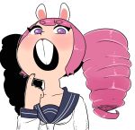  animal_humanoid buckteeth clothed clothing eyelashes female front_view fur hair hi_res humanoid looking_at_viewer mouse_humanoid neonatta nuclearwasabi open_mouth pigtails pink_hair purple_eyes purple_pupils shirt simple_background solo teeth white_background white_clothing white_fur 