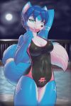  2018 anthro blue_eyes blue_fur blue_hair breasts camel_toe candy canine cleavage clothed clothing dipstick_tail female food fox full_moon fur hair hand_behind_head hi_res krystal lollipop looking_at_viewer mammal markings moon multicolored_fur multicolored_tail night nintendo one-piece_swimsuit rysonanthrodog short_hair sky solo star star_fox starry_sky swimsuit tailband tribal_markings two_tone_fur video_games white_fur 