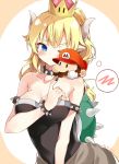  1girl artist_name bad_id bad_pixiv_id bare_shoulders black_nails blonde_hair blue_eyes blush bowsette bracelet breasts chibi collar collarbone commentary_request crown dress fingernails horns jewelry large_breasts long_hair mario mario_(series) myuton nail_polish new_super_mario_bros._u_deluxe one_eye_closed pointy_ears ponytail sharp_fingernails spiked_armlet spiked_bracelet spiked_collar spiked_shell spikes spoken_blush strapless strapless_dress super_crown thought_bubble turtle_shell 