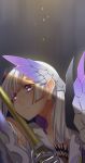  armor brynhildr_(fate) brynhildr_romantia closed_mouth commentary cross_akiha expressionless eyebrows_visible_through_hair fate/grand_order fate_(series) gauntlets headpiece holding holding_spear holding_weapon long_hair polearm purple_eyes silver_hair simple_background solo spear weapon 
