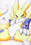  akabane_jin bed black_sclera blue_eyes canine claws digimon featureless_crotch fur looking_at_viewer lying mammal presenting_crotch renamon signature simple_background tuft white_background white_fur yellow_fur 