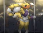  2018 armwear blue_eyes bridal_gauntlets butt canine claws clothed clothing detailed_background digimon digital_media_(artwork) dipstick_tail fart feces female fluffy fur gloves mammal messing multicolored_fur multicolored_tail nastysashy_(artist) open_mouth renamon scat slightly_chubby soiling solo surprise sweat teeth thick_thighs train vehicle yellow_fur yin_yang 