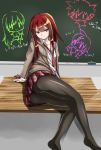  alice360 ass black_legwear breasts cleavage collarbone crimson_avenger_(elsword) elesis_(elsword) elsword elsword_(character) highres long_hair pantyhose red_hair rena_(elsword) school_uniform scribble sitting smile unbuttoned 