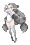  :3 animal_ears blue_bow bow bow_swimsuit elbow_gloves extra_ears frilled_gloves frilled_swimsuit frills full_body gloves grey_eyes grey_gloves grey_hair grey_legwear hand_up ise_(0425) kemono_friends long_hair looking_away low-tied_long_hair low_twintails multicolored_hair one-piece_swimsuit ringed_seal_(kemono_friends) simple_background solo spotted_hair standing swimsuit tail thighhighs twintails very_long_hair white_background 