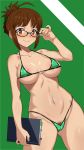  1girl akizuki_ritsuko areola_slip areolae bikini blush breasts cameltoe glasses green_bikini idolmaster large_breasts looking_at_viewer micro_bikini nt00 pubic_hair swimsuit 