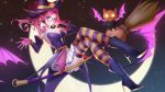  bare_shoulders bat_wings bewitching_janna blue_eyes breasts broom cleavage commentary crescent_moon crossed_legs detached_sleeves doming english_commentary glasses gloves halloween halloween_costume hat high_heels highres hollow_eyes janna_windforce league_of_legends medium_breasts moon night night_sky pleated_skirt pointy_ears pumpkin purple_hair skirt sky smile solo staff star_(sky) striped striped_legwear thighhighs wings witch_hat zettai_ryouiki 