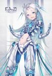  :d android blue_eyes commentary english_commentary hands_up headgear highres long_hair looking_at_viewer mecha_musume navel open_mouth original sawawse silver_hair smile solo standing standing_on_one_leg 
