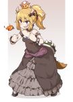  amonitto armlet bare_shoulders black_dress black_leotard blonde_hair blush bowsette bracelet clenched_hands collar crown dress earrings eyebrows_visible_through_hair fingernails fire flame gradient gradient_background grey_eyes hair_ornament horns jewelry leotard mario_(series) nail_polish new_super_mario_bros._u_deluxe pink_nails pointy_ears ponytail sharp_teeth simple_background solo spiked_armlet spiked_bracelet spiked_collar spiked_shell spiked_tail spikes standing strapless strapless_dress strapless_leotard super_crown tail teeth turtle_shell 