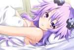  adult_neptune bare_shoulders blush breasts commentary_request covered_nipples curly_hair d-pad d-pad_hair_ornament from_side grin hair_between_eyes hair_ornament indoors iwasi-r large_breasts long_hair looking_at_viewer lying neptune_(series) on_back on_bed shin_jigen_game_neptune_vii smile solo under_covers upper_body 