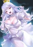  :d blush breasts choker cleavage collarbone commentary_request crown dress gloves highres large_breasts long_hair luigi's_mansion mario_(series) new_super_mario_bros._u_deluxe nukkoru open_mouth princess_king_boo red_eyes sharp_teeth smile solo super_crown teeth white_choker white_dress white_gloves white_hair 