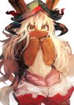  ambiguous_gender anthro better_version_at_source clothed clothing cute fluffy green_hat hair hat horn kamindani long_hair looking_at_viewer nanachi pants smile solo topless unknown_artist white_hair yellow_eyes カーミン 