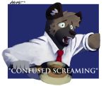  adricovy aggressive_retsuko anthro clothed clothing english_text fangs filthy_frank frying_pan fully_clothed haida hyena mammal meme necktie parody scared screaming sharp_teeth shirt shrunken_irises simple_background solo teeth text undershirt 