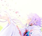  cloak closed_eyes fate/grand_order fate_(series) hand_up hood hood_down long_hair long_sleeves male_focus merlin_(fate) neck_ribbon petals purple_hair red_neckwear red_ribbon ribbon solo takashi_(onikukku) upper_body wide_sleeves 