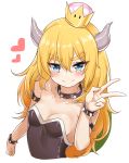  absurdres alternate_hairstyle arm_at_side armlet bangs bare_shoulders blonde_hair blue_eyes bowsette bracelet breasts cleavage clenched_hand closed_mouth collar collarbone cropped_torso crown eyebrows_visible_through_hair from_side hair_between_eyes hair_down half-closed_eyes hand_up heart highres horns jewelry long_hair looking_at_viewer looking_to_the_side mario_(series) new_super_mario_bros._u_deluxe parted_bangs sideboob simple_background slit_pupils small_breasts smile solo spiked_armlet spiked_bracelet spiked_collar spikes spoken_heart strapless sunhyun super_crown thick_eyebrows turtle_shell upper_body v v-shaped_eyebrows very_long_hair white_background younger 
