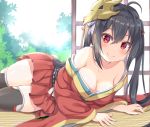  ahoge azur_lane bangs bare_shoulders black_hair black_legwear blush breasts cleavage closed_mouth collarbone day fingernails hair_between_eyes hair_ribbon indoors japanese_clothes keiran_(ryo170) kimono large_breasts long_hair long_sleeves looking_at_viewer lying mask mask_on_head md5_mismatch miniskirt obi off_shoulder on_side pleated_skirt red_eyes red_kimono red_skirt ribbon sash skirt smile solo sunlight taihou_(azur_lane) thighhighs thighs twintails very_long_hair wide_sleeves 
