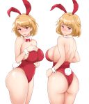  animal_ears ass azur_lane back bangs bare_shoulders blonde_hair blush bow bowtie braid breasts bunny_ears bunny_girl bunny_tail bunnysuit cleavage crown_braid detached_collar drop_earrings eyebrows_visible_through_hair fake_animal_ears french_braid hand_on_hip hand_on_own_chest hand_on_own_stomach highres leotard looking_at_viewer looking_back oumi_(rsag) parted_lips prince_of_wales_(azur_lane) red_eyes red_leotard red_neckwear shiny shiny_skin short_hair simple_background standing strapless strapless_leotard sweatdrop tail wavy_mouth white_background wrist_cuffs 