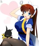  artist_name bandolier blue_eyes bow closed_eyes commentary crossed_legs dated dress eyebrows_visible_through_hair hair_bow hand_up heart highres kuonji_ukyou long_hair mattari_yufi open_mouth pantyhose pig ranma_1/2 red_hair sheath sheathed sitting sleeves_rolled_up smile white_background 