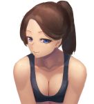  1girl bare_shoulders blue_eyes breasts brown_hair cleavage downblouse large_breasts looking_at_viewer medium_hair original ponytail ranma_(kamenrideroz) simple_background smile solo sports_bra upper_body white_background 