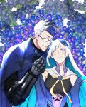  1girl aqua_hair armor blue_eyes blue_flower blush boorunrun breasts brynhildr_(fate) closed_eyes closed_mouth commentary_request fate/grand_order fate_(series) flower gauntlets glasses headpiece holding holding_hands husband_and_wife long_hair medium_breasts multicolored_hair one_eye_closed purple_eyes sigurd_(fate/grand_order) smile spiked_hair spikes two-tone_hair very_long_hair 