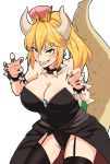  bare_shoulders black_dress black_nails blonde_hair blue_eyes blush bowsette bracelet breasts brooch claw_pose cleavage collar cowboy_shot crown dress earrings fingernails garter_straps grin highres horns huge_breasts jewelry kasoku_souchi lingerie long_hair long_ponytail looking_at_viewer mario_(series) nail_polish new_super_mario_bros._u_deluxe panties pantyshot pointy_ears ponytail sharp_teeth shiny shiny_hair shiny_skin sidelocks smile solo spiked_bracelet spiked_collar spiked_tail spikes strapless strapless_dress super_crown tail teeth thighhighs underwear 
