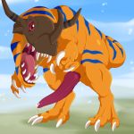  2018 claws coillte digimon dinosaur erection feral greymon horn male mask open_mouth orange_skin outside penis precum red_eyes red_penis solo stripes teeth tongue 
