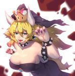  absurdres armlet bare_shoulders black_dress blonde_hair bowsette bracelet breasts cleavage collar collarbone commentary_request crown dress earrings eyebrows eyebrows_visible_through_hair hex2go highres horns jewelry large_breasts long_hair looking_at_viewer mario_(series) nail_polish new_super_mario_bros._u_deluxe open_mouth pointy_ears purple_nails sharp_teeth simple_background solo spiked_armlet spiked_bracelet spiked_collar spikes super_crown tail teeth white_background 