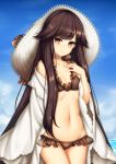  bangs bikini black_bikini blue_sky blunt_bangs breasts brown_eyes brown_hair character_request cloud collarbone commentary_request day eyebrows_visible_through_hair forever_7th_capital frilled_bikini frills hand_on_own_chest hat highres jewelry long_hair looking_at_viewer minaha_(playjoe2005) mole mole_under_eye navel outdoors ring sky small_breasts smile solo sun_hat swimsuit very_long_hair water wedding_band 